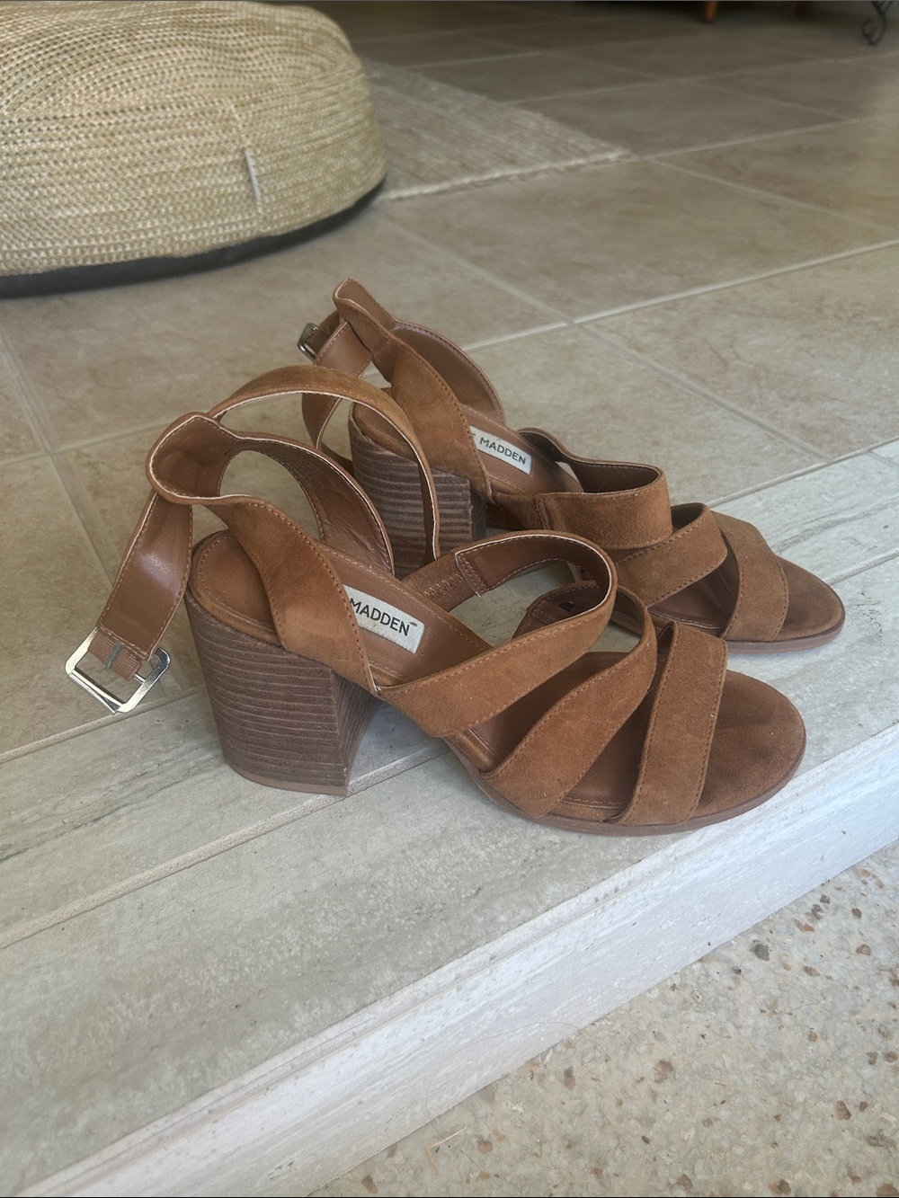 Steve Madden Cognac Suede Strappy Block Heel Sandals